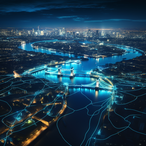 London skyline with cyan blue energy