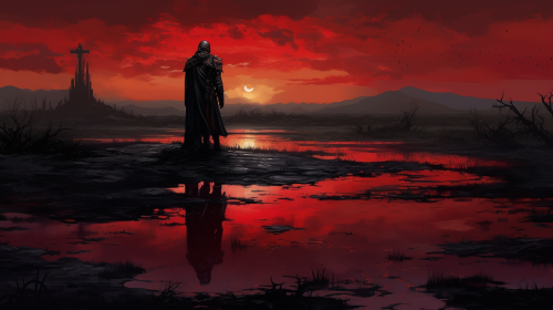 Lonely knight at tombstone in red rain Lonely knight at tombstone in red rain