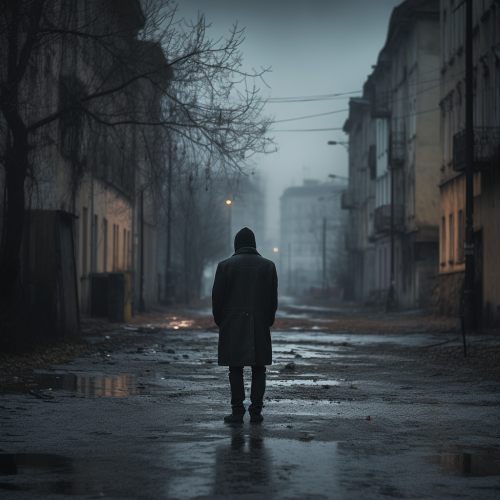 Lonely man walking on poor street Lonely man walking on poor street