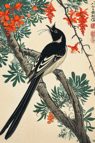 Beautiful Long Tailed Widowbird in Japanese Woodblock Art Beautiful Long Tailed Widowbird in Japanese Woodblock Art