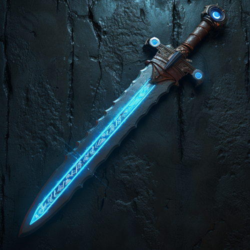 Detailed fantasy longsword with blue glowing runes