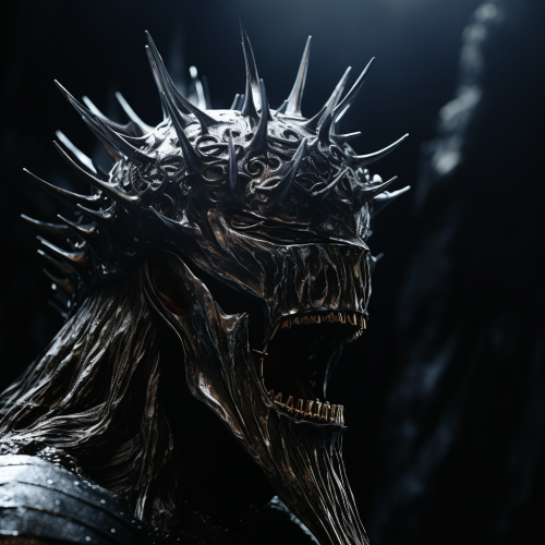 Cinematic still of LOTR Mouth character with silver crown