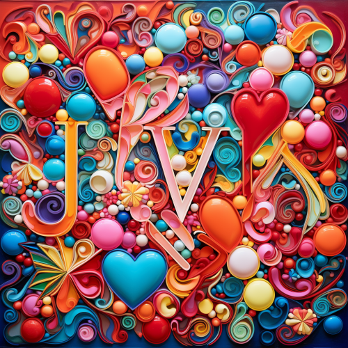 Colorful quilted letters spelling 'love' with Christmas spirit