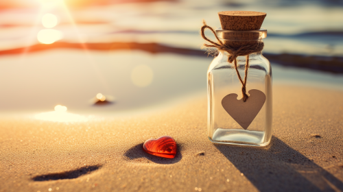 Love letter inside bottle on sand and water