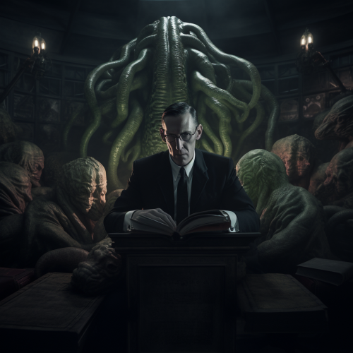 H.P. Lovecraft reading Necronomicon with Cthulhu in the background
