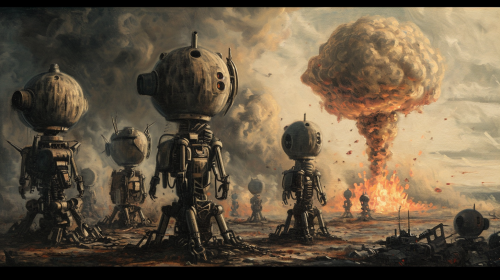 Broken Lovecraftian Robots Rusting and Nuclear Bomb Explosion