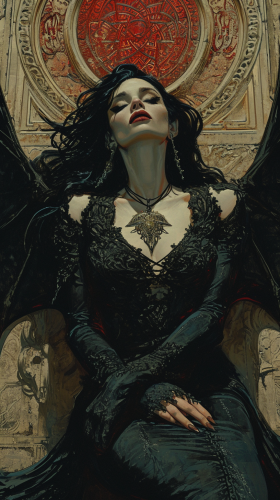 Beautiful vampire relaxing against Wall Street backdrop