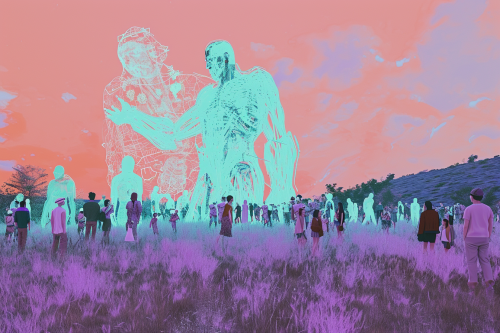 Crowd meeting luminous giant humans