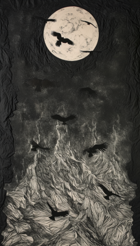 Lunar Flight Moonlit Crows Charcoal Sketch 3D Embroidered Pattern