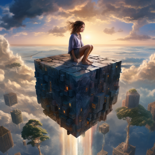 Woman with Lush Hair Sitting on Cube at End of World