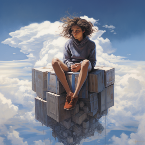 Girl with Beautiful Hair Sitting on Cube at the End of the World