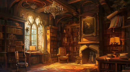 Luxurious bookcase scrolls in warm colors