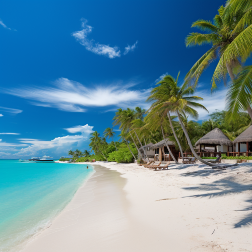 Pristine white sandy beach, turquoise sea, and palm trees