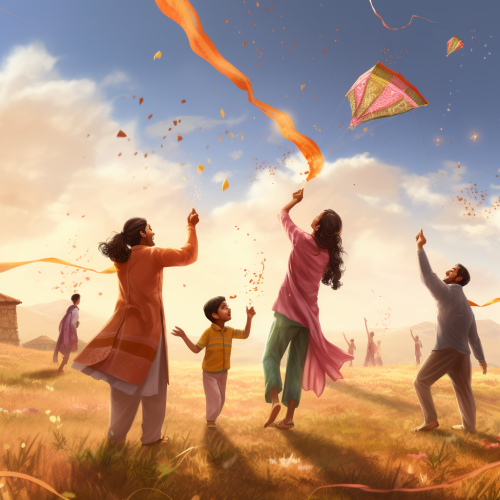 Indian family flying kites with friends