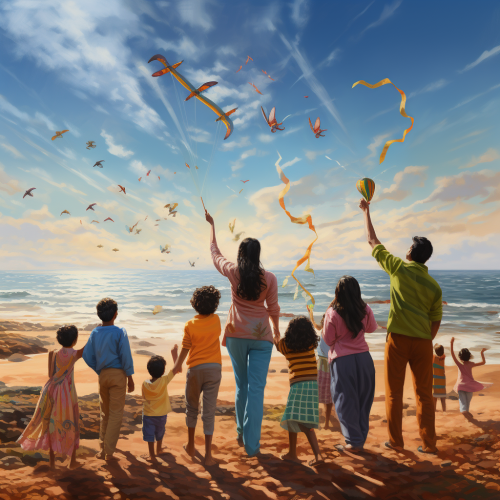 Luxury Indian family flying kites on Makar Sankranti