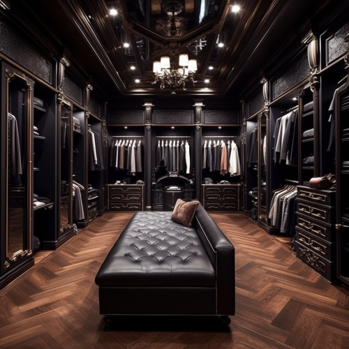 Luxury walk-in closet with vast clothing and shoe collection