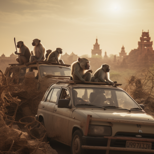 Playful macaque pulling car roof rubber Playful macaque pulling car roof rubber