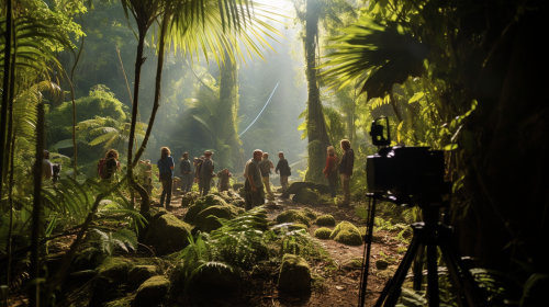 Cinematic shot of filming crew in Madagascar jungle