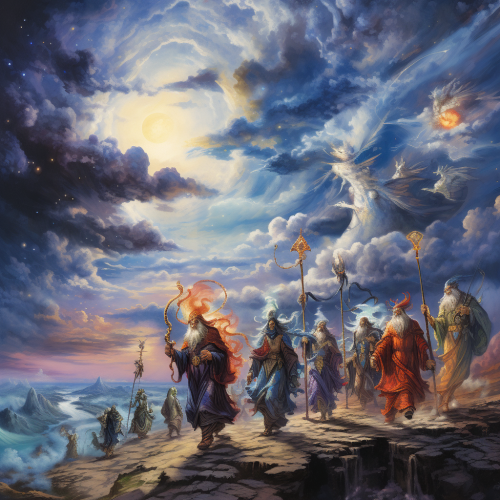 Group of magical creatures and wizards marching