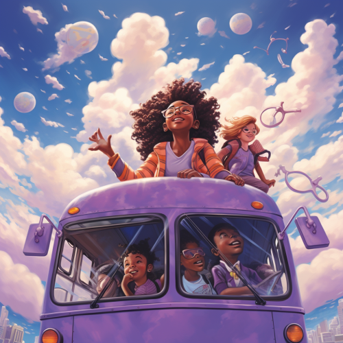 Excited multicultural children on magical bus Excited multicultural children on magical bus