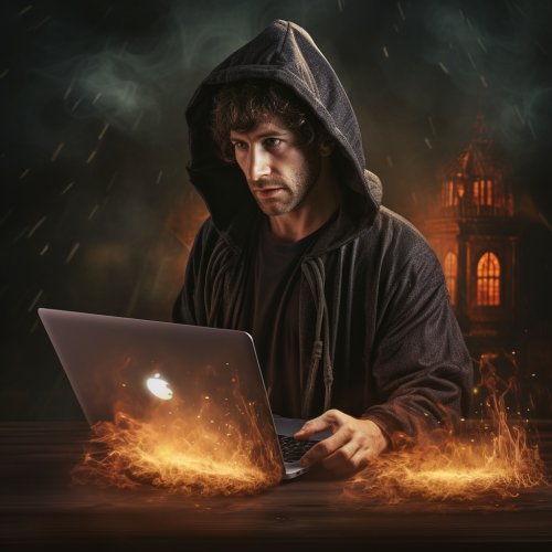 Magician with laptop performing magic tricks