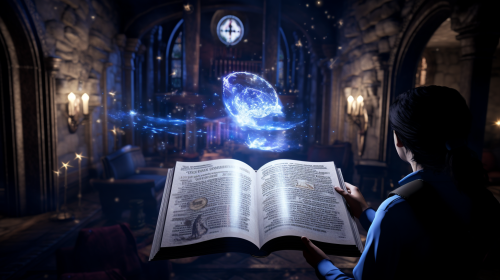 magician reading glowing newspaper in Hogwarts