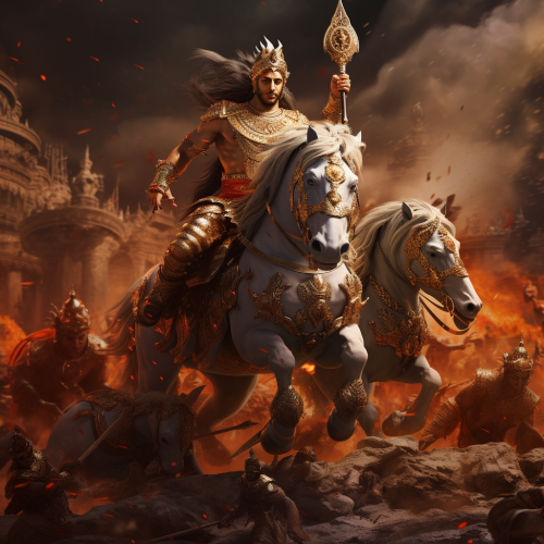 Krishna battling in epic Mahabharat scene