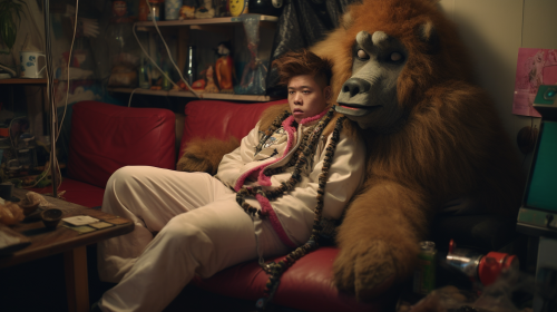 Male with Ape Head lying on couch