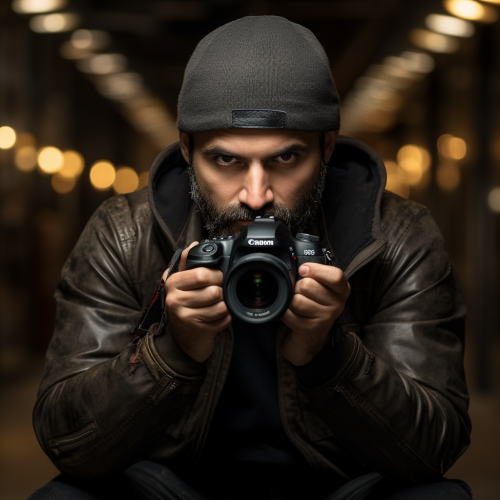 Bearded Photographer in Black Cap and Jacket