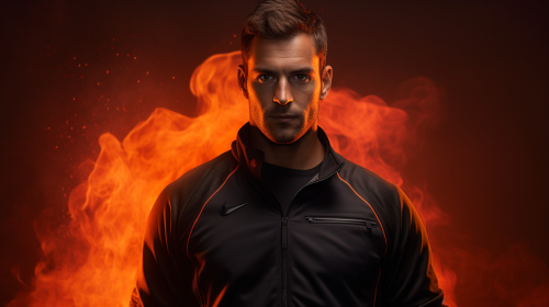 Tennis player in black outfit on fiery background