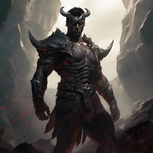 Male Tiefling Gladiator splitting black rocks