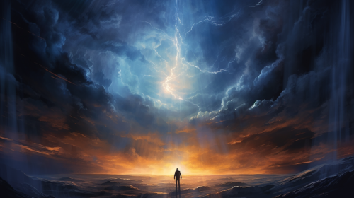 Serene yet powerful man amidst storm cloud Serene yet powerful man amidst storm cloud