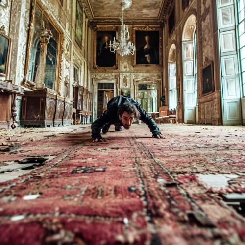 Man crawling on Persian rug
