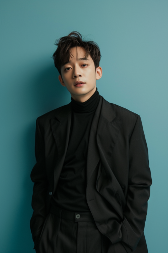 Man in black suit on blue background