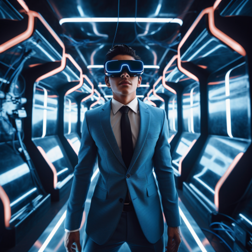 Man in Blue Suit with VR Goggles in Fancy Elevator