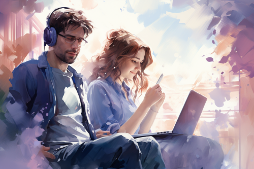 Man drawing on tablet, woman wearing headphones, guy lying on sofa Man drawing on tablet, woman wearing headphones, guy lying on sofa