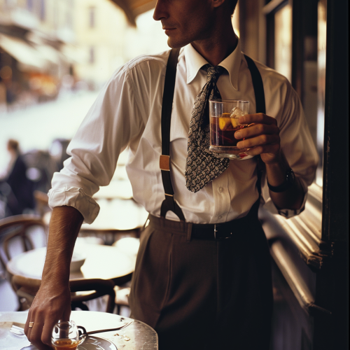 Stylish man sipping Negroni tea in Italian café Stylish man sipping Negroni tea in Italian café