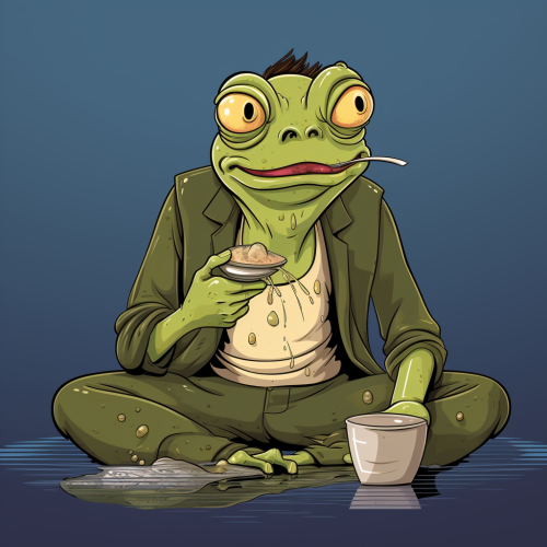 Man happily munching on frog Man happily munching on frog
