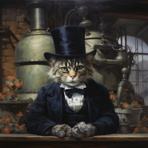Man in factory with cat wearing top hat