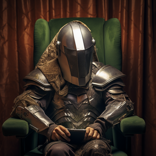 Man playing video games wearing knight helmet