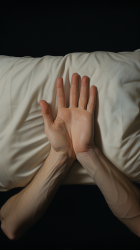 Man's hand on pillow, fingers spread