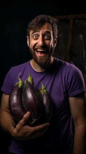 Smiling man with fresh eggplants