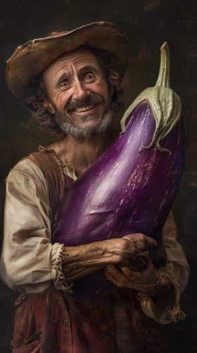 man holding big eggplant smile