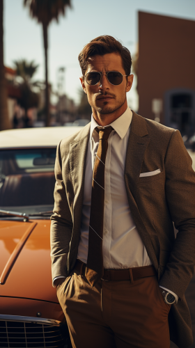 Man in modern attire posing with 1990s car