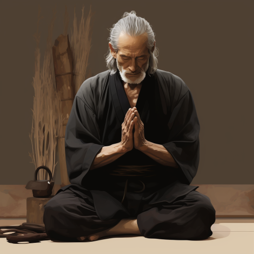 Man kneeling, crying in front of zen master