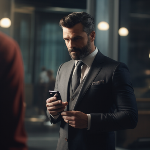Man looking over businessman's shoulder at phone