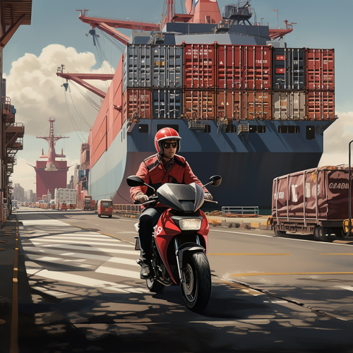 Man on moped passes container ship at quay