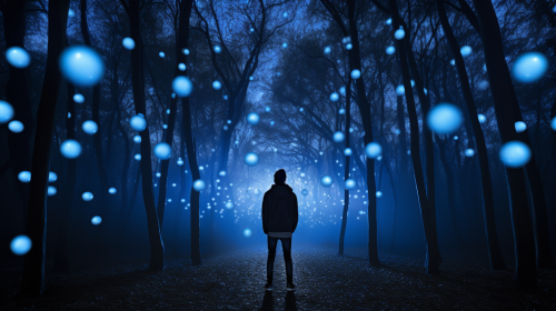 Man Standing in Park with Blue LED Balls Above