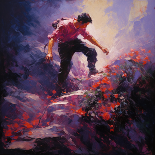 Impressionism painting of man pushing stone uphill