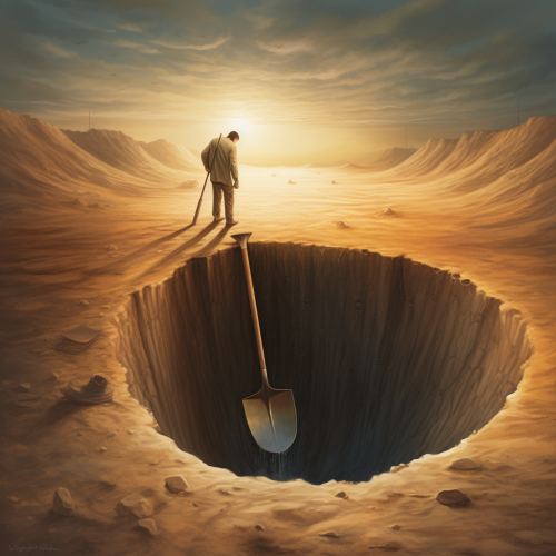 Man filling giant hole with sand